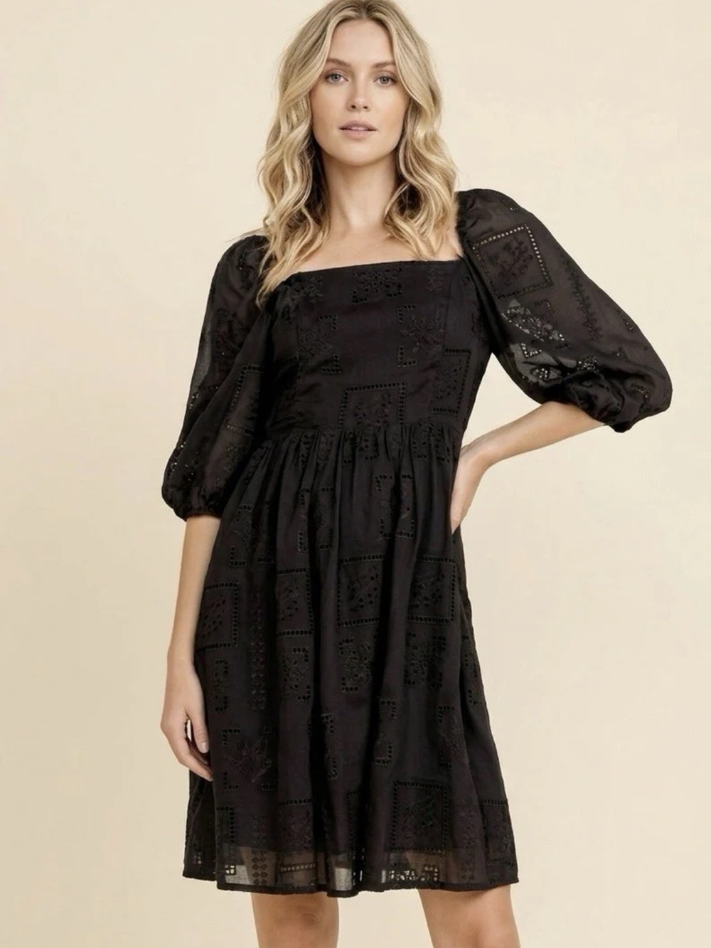 NWT Johnny Was Ella Black Embroidered square-Neck Mini Dress Puff Sleeves